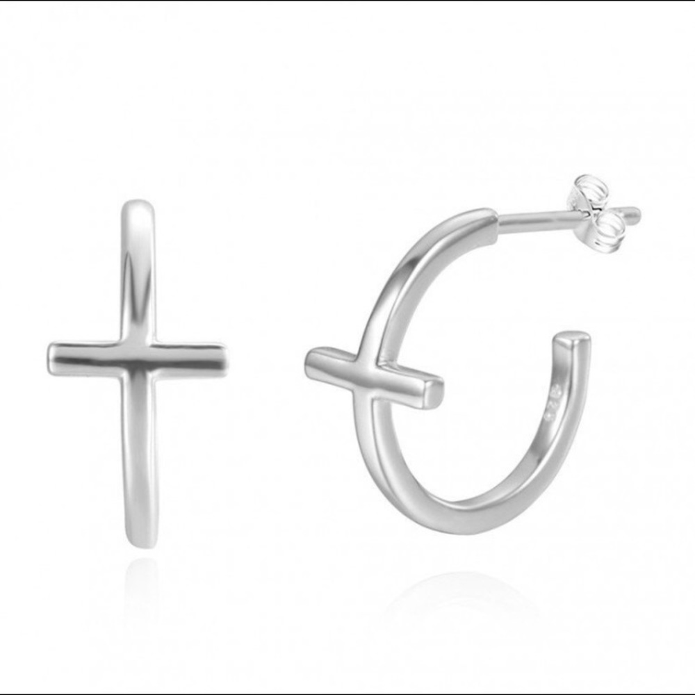 Silver cross small hoop earrings
